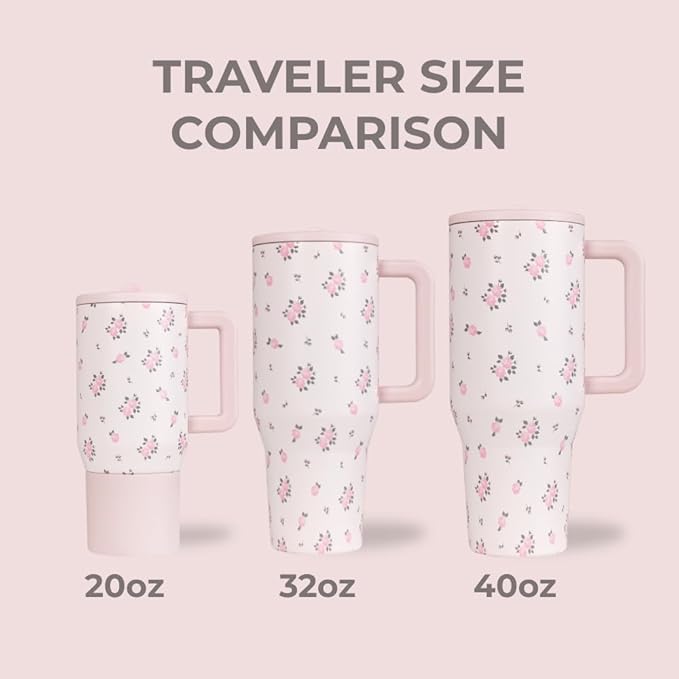 HydroJug Traveler - 20 oz Water Bottle with Handle & Flip Straw - Fits in Cup Holder, Leak Resistant Tumbler-Reusable Insulated Stainless Steel & Rubber Base - Gifts for Women & Men, Wildrose