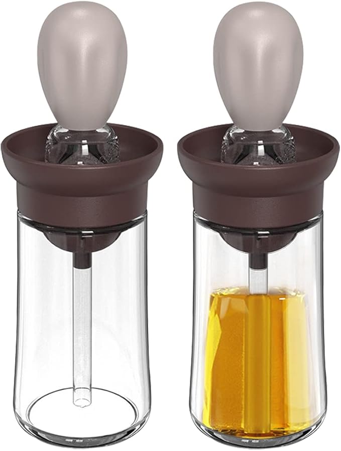 Oil Dispenser with Brush - 2 Pack 180ml Glass Olive Oil Dispenser Bottle with Basting Brush for Cooking Frying Baking Kitchen, T-OB21 Grey
