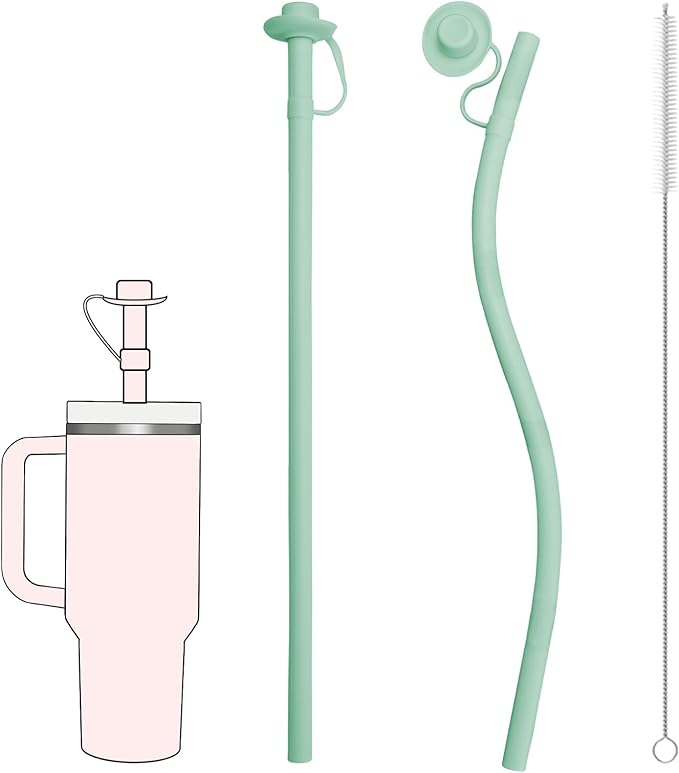 Reusable Silicone Straws with Cover, Bite-Safe, 12”Long Collapsible Drinking Straws for Stanley Owala Cups, Tumblers & Travel – Trim to Fit Any Cup (Green)