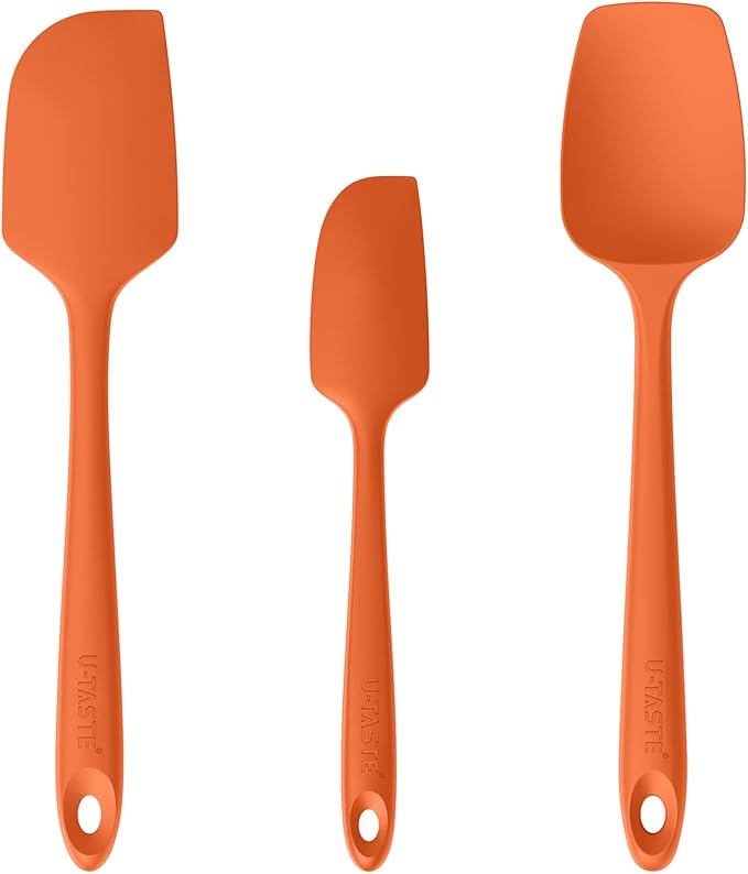 U-Taste Silicone Baking Spatula Set: 480ºF High Heat Resistant, Food Grade Flexible Rubber Kitchen Cooking Mixing Scraper, Food Grade Seamless Utensil for Nonstick Cookware Set of 3 (Orange)