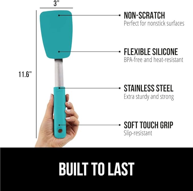 GORILLA GRIP Patented BPA-Free Non-Scratch Spatula, 2 Pack, Heat Resistant Flexible Silicone Head for Nonstick Cooking Pans, Soft Rubber Handle, Kitchen Spatulas for Flipping Eggs, Pancakes, Turquoise