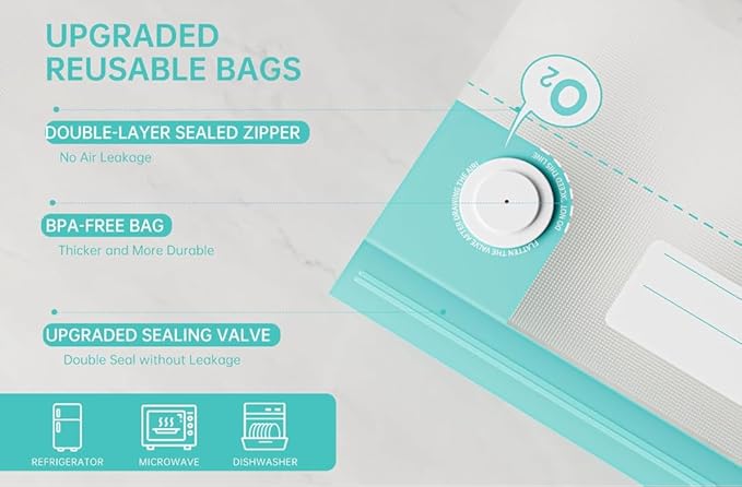 Vacuum Sealer Bags for Food, 20 PCS Reusable Sous Vide Bags BPA Free, Vacuum Zipper Bag with Universal Air Valve,2 Sizes Food Storage Bag for Meal Prep.