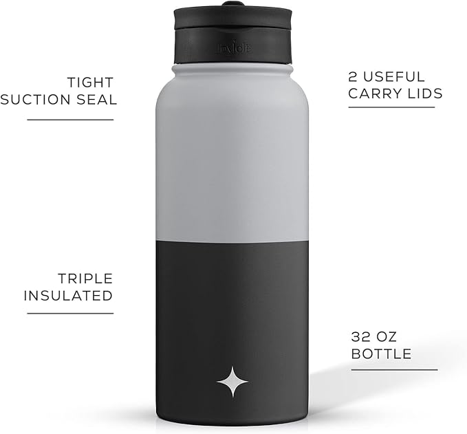 JoyJolt Triple Insulated Water Bottle with Straw Lid AND Flip Lid! 32oz Large Water Bottle, 12 Hour Hot/Cold Vacuum Insulated Stainless Steel Bottle. BPA-Free Leakproof Water Bottles - Thermos Bottle
