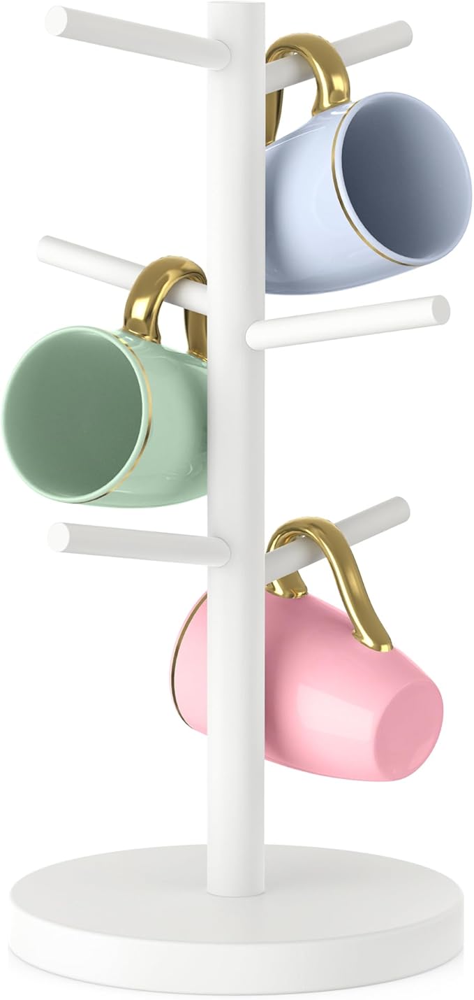 Wisuce White Coffee Mug Tree, Updated Thick Bamboo Mug Holder Base,Coffee Cup Stand Mug Holders with 6 Hooks for Countertop Organizer Stand