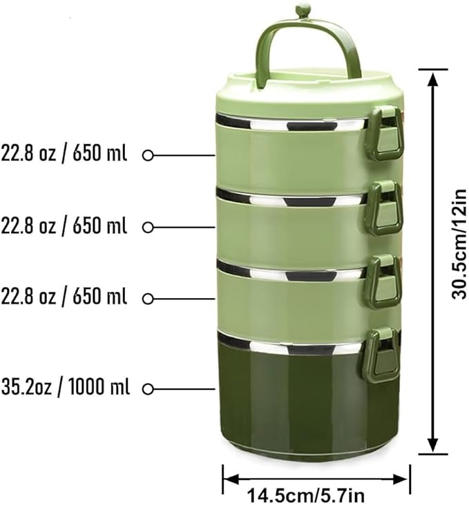 SANQIAHOME 4 Tier Stackable Stainless Steel Lunch Box Sealed(green, 4 layers) with spoon and fork