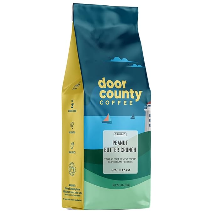 Door County Coffee Peanut Butter Crunch - Ground Coffee, Medium Roast - 10oz Bag, 100% Specialty Grade 1 Arabica