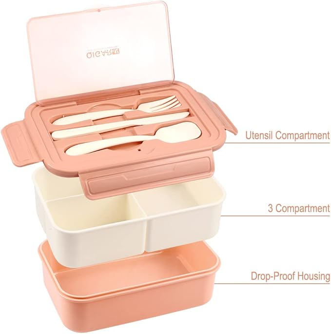 NatraProw Bento Box for Adult, 1400 ML Lunch Containers for Adults, LeakProof Lunch Box with Utensils, BPA Free, 3 Compartment Bento Box Microwave Safe, Light Pink