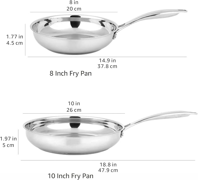 Amazon Basics 2-Piece Oven Safe, Riveted Handle Stainless Steel Induction Frying Pan Set - Silver, 8-inch & 10-inch