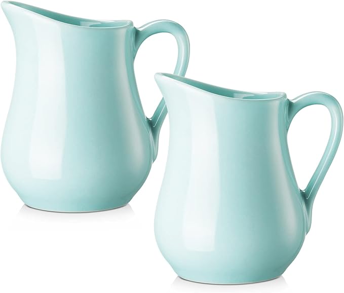 Gurygo 4 Ounce (Set/2) Creamer Pitcher with Handle, Small Classic White Fine Porcelain Creamer Container, Small Ceramic Pitcher for Coffee Milk, Microwave & Freezer Safe (Turquoise)