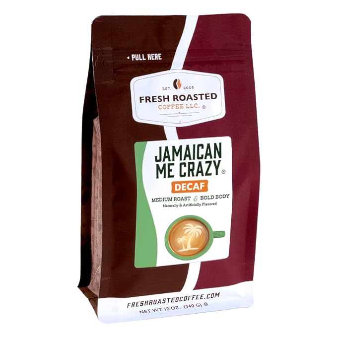 Fresh Roasted Coffee, Decaf Jamaican Me Crazy Flavored Coffee, 12 oz, Medium Roast, Kosher, Whole Bean