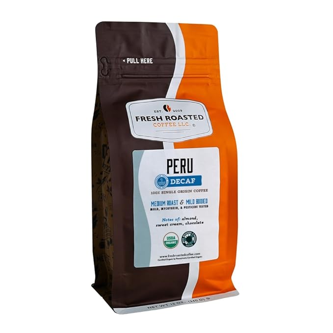 Fresh Roasted Coffee, Organic Peru Water-Processed Decaf | Mold & Myco 3rd Party Tested, USDA Organic, Kosher | Med Roast 12 oz Whole Bean
