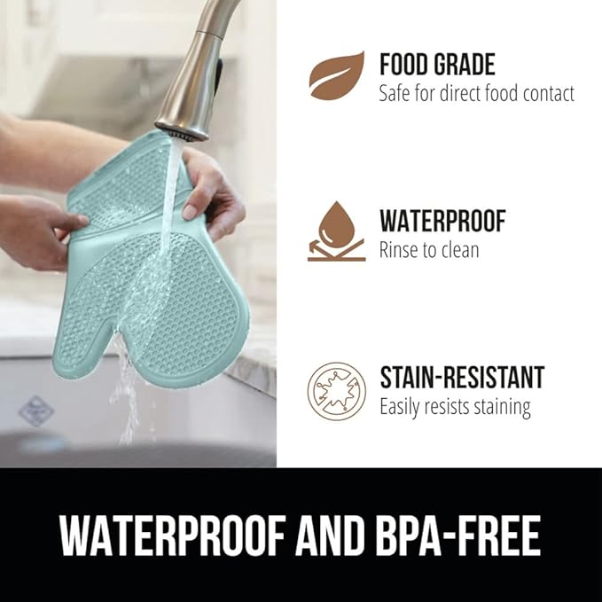 GORILLA GRIP BPA-Free Soft Silicone Oven Mitts, 14.5x8.3, Heat Resistant and Waterproof Cooking Gloves, Thick Cotton Lining, Flexible Gripping for Baking Grilling, Kitchen Potholders Set of 2, Mint