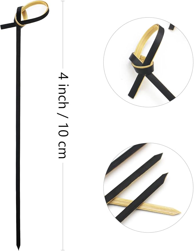 BLUE TOP Bamboo Cocktail Picks 200 PCS Black Bamboo Skewers 4 Inch with Looped Knot, Food Picks,Party Toothpicks for Appetizers,Cocktail Drinks,Barbecue Snacks,Club Sandwiches.
