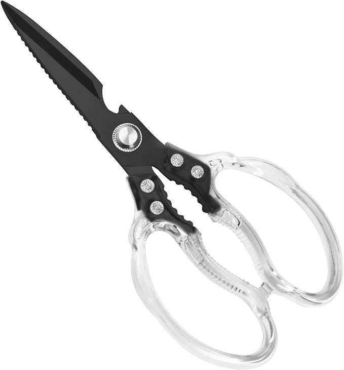 CGBE Kitchen Scissors, Multi-Purpose Kitchen Shears, Heavy Duty Dishwasher Safe Food Scissors for Chicken, Poultry, Fish, Meat & Herbs with Non-Slip Grips (Transparent Black)