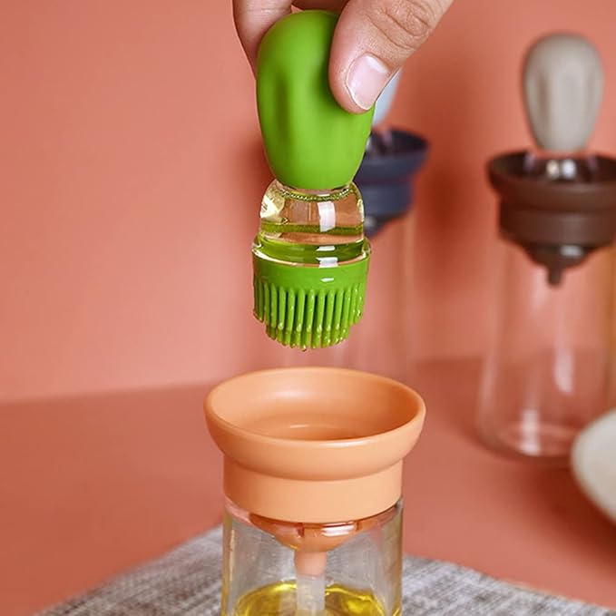 TINMIX Oil Dispenser with Brush - Glass Olive Oil Dispenser for Kitchen, 2 IN 1 Oil Dispenser Bottle with Silicone Basting Brush for Cooking Vinegar Sauce BBQ Grill Frying, T-OB21, Green