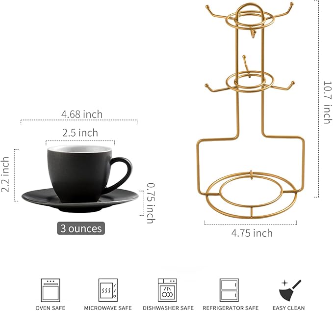 YHOSSEUN 3 Ounces Espresso Cups with Saucers Set, Porcelain Latte Cups and Metal Stand Demitasse Cups for Espresso, Latte, Cafe Mocha, Cappuccino and Tea, Set of 6, Black