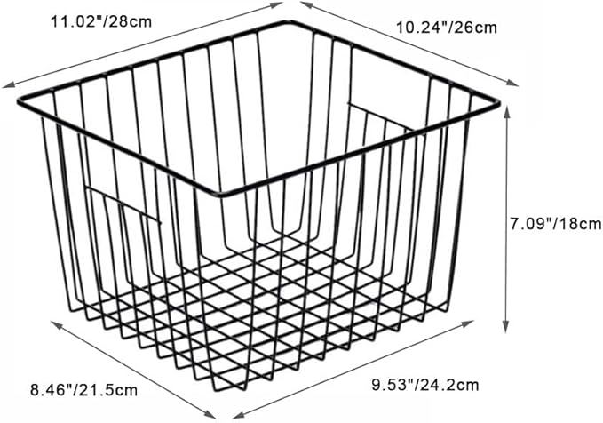 SANNO Freezer Storage Baskets, Pantry Storage Wire Basket Organizer Bins Refrigerator Bin with Built-in Handles for Cabinets, Pantry, Closets, Bedrooms - Set of 4 Black, Black,11"x 10"