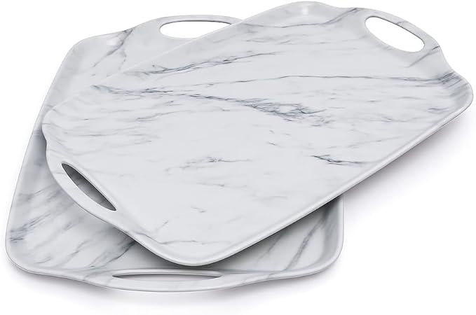 TP Serving Trays with Handles, 19 Inch Large Rectangular Melamine Serving Platter Set of 2, White Marble