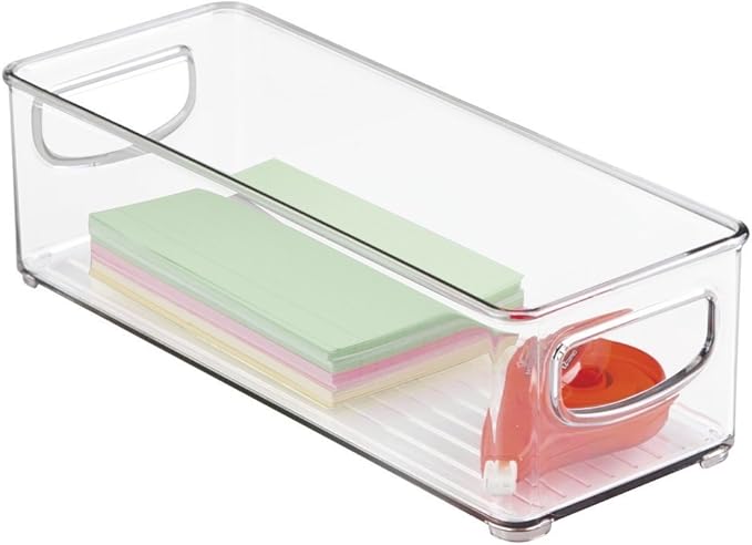 mDesign Small Plastic Office Storage Container Bins with Handles for Organization in Filing Cabinet, Closet Shelf, or Desk Drawers, Organizer for Notes, Pens, Pencils, Ligne Collection, Clear