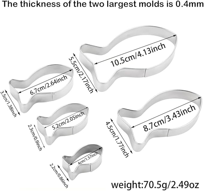 Fish Cookie Cutters Set,Cat food mold,Stainless Steel Sandwiches Cutters Biscuit Molds for Kids,5pcs Sturdy Cutters for Cookies,Sandwiches,Small to Large Size of 1.57",2.05",2.64",3.43",4.13".