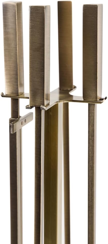 Modern Ember Harriet 5 Piece Fireplace Tool Set in Aged Brass | Includes Brush, Shovel, Fire Poker, Tongs, and Stand | Heavy-Duty Steel | Heat-Resistant Powder Coating Finish
