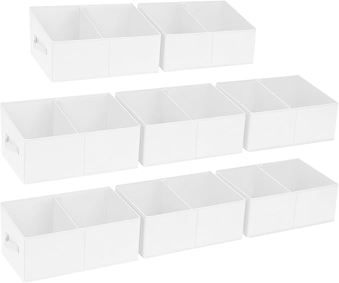 DIMJ Large Closet Shelf Organizer Bins 8 Packs with Handles and Divider, Fabric Trapezoid Storage Baskets, Foldable Clothes Containers Box for Shelf, Towel, Book, Toy, Purse, Hats, White