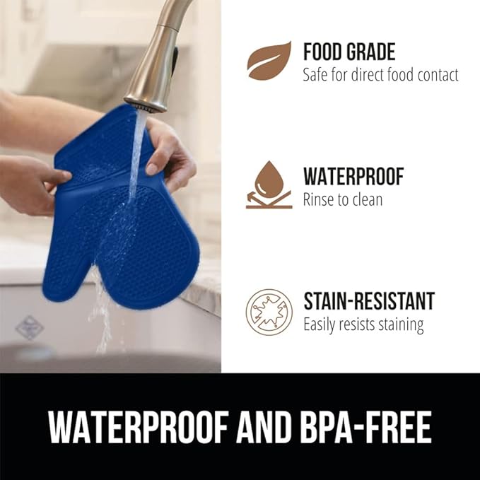 GORILLA GRIP BPA-Free Soft Silicone Oven Mitts, Heat Resistant and Waterproof Cooking Gloves, Thick Cotton Lining, Flexible Gripping for Baking Grilling, Kitchen Potholders Set of 2, 12.5x8.3, Blue