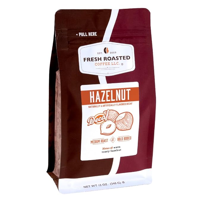 Fresh Roasted Coffee, Decaf Hazelnut Flavored Coffee, 12 oz, Medium Roast, Kosher, Whole Bean