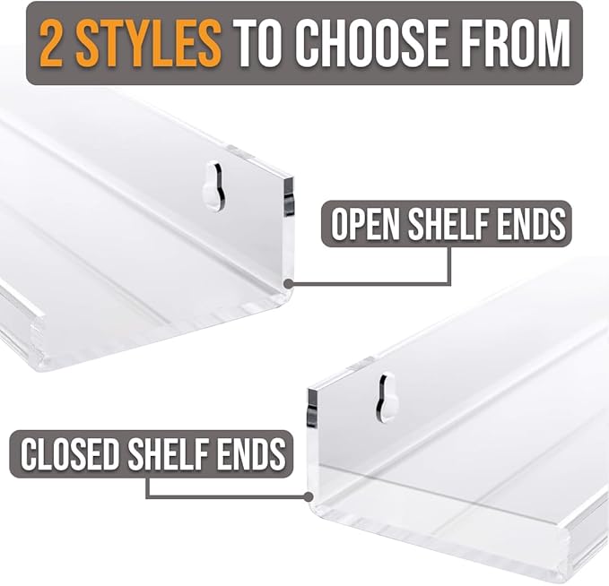 Wall Mounted Spice Rack Shelves [3-Pack] - Clear Acrylic 15" Spice Shelves with Open Shelf Ends