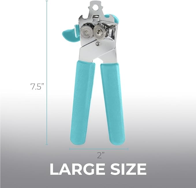 Kitchen Genie Heavy Duty Stainless Steel Manual Can Opener, Strong Blade for Smooth Edge Cuts, Open Cans Easily, Slip-Resistant Ergonomic Handle, Easy Turn Knob, Bottle Openers Included, Teal