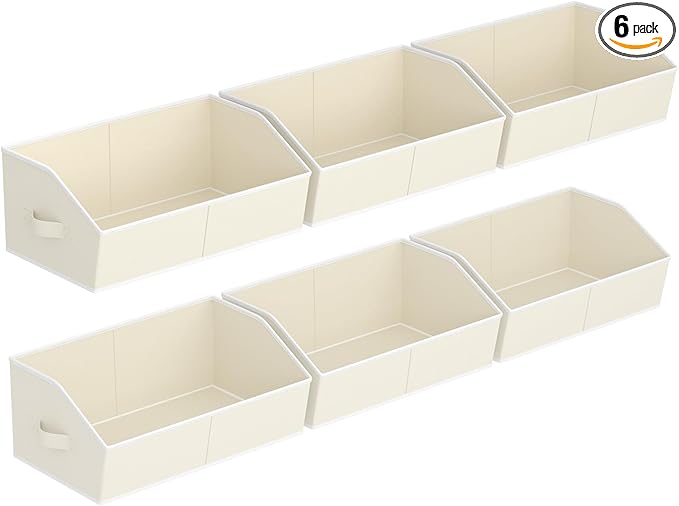 Storage Bins for Shelves - Large Trapezoid Closet Shelf Organizer, Fabric Organization Bins with Handles, Storage Baskets for Clothes, Towel, Purse, 6 Pack, Beige
