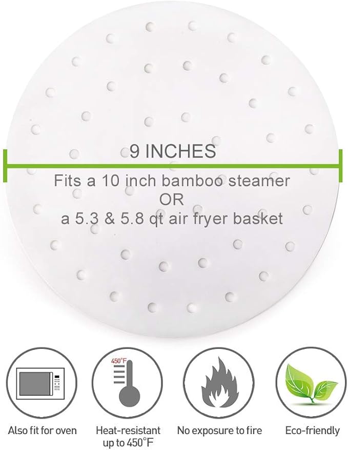 100pcs Air Fryer Liners, Vancens 7.5 inches Bamboo Steamer Liners, Premium Perforated Parchment Steaming Papers, Non-Stick Steamer Mat, Perfect for 3.5 & 3.7QT Air Fryers/Baking/Cooking