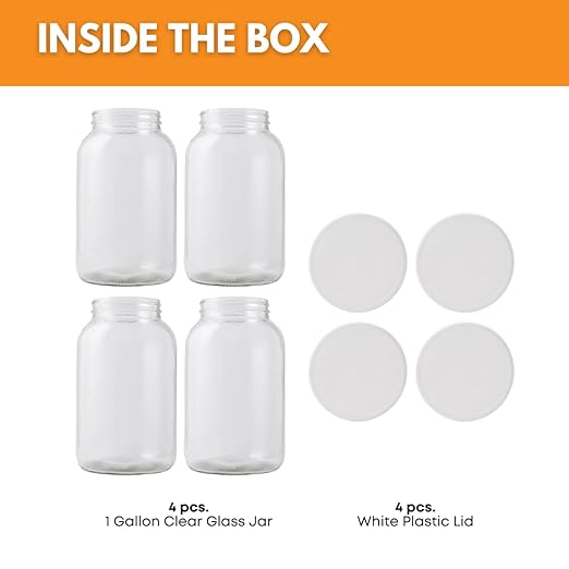 FastRack 1 Gallon Mason Jar with White Airtight Lid (Pack of 4) | Regular Glass Canisters with Airtight Lids | Large Mouth Glass Jar for Food Storage, Canning, Fermentation, Pickling