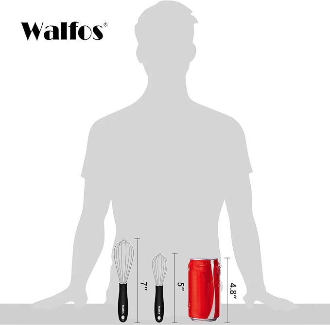 Walfos Mini Stainless Steel Whisk for Cooking - Heat Resistant Kitchen Whisks for Non-stick Cookware, Balloon Egg Beater Perfect for Blending, Whisking, Beating, Frothing & Stirring, 5+7in/12+17cm