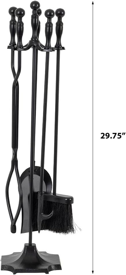 Modern Ember Cascade 5 Piece Fireplace Tool Set in Black | Includes Brush, Shovel, Fire Poker, Tongs, and Stand | Heavy Guage, Coated Steel | Heat-Resistant Plating | Sleek Rounded Handles