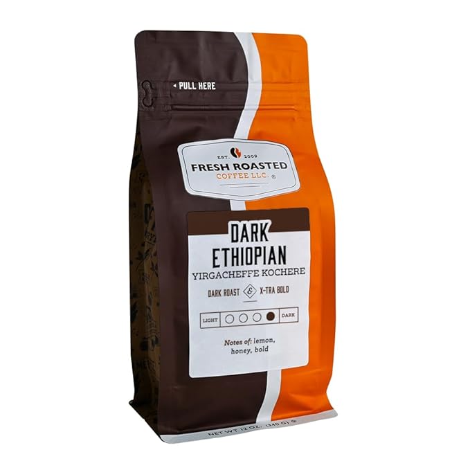 Fresh Roasted Coffee, Dark Ethiopian Yirgacheffe Kochere, 12 oz, Dark Roast, Kosher, Whole Bean