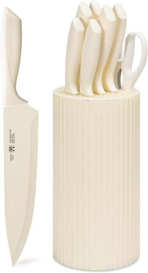 Knife Set, 8-Piece Kitchen Knife Set for Chef, Sharp Knife Set with Universal Knife Block, Anti-Rust Kitchen Knife Block Set, Ergonomical Design (Beige)