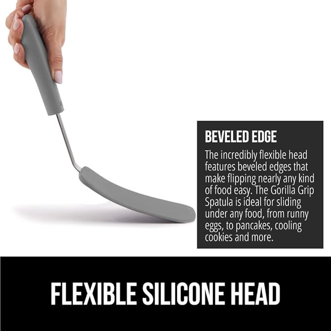 GORILLA GRIP Patented BPA-Free Non-Scratch Spatula, Heat Resistant Flexible Silicone Head for Nonstick Cooking Pans, Soft Rubber Handle, Kitchen Spatulas for Flipping Eggs, Pancakes, 11.6 in, Gray