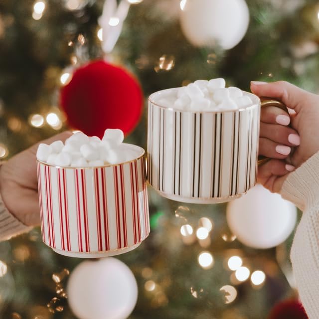 Sweet Water Decor Green Stripe Coffee Mug, 14oz China Christmas Mug with Gold Handle, Large Holiday Winter Cup for Coffee, Tea & Hot Chocolate, Stocking Stuffer Gifts for Women