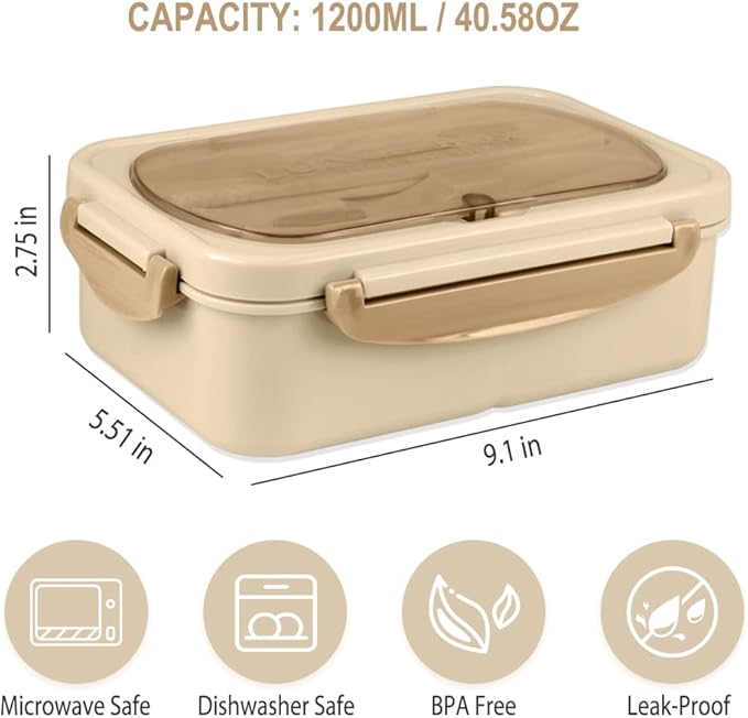 NatraProw Bento Box for Adult, 1200 ML Lunch Containers, LeakProof Lunch Box with Utensils, BPA Free, 3 Compartment Bento Box Microwave Safe, Khaki