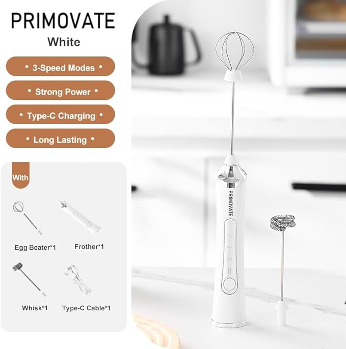 Rechargable Milk Frother, Handheld Drink Mixer with Whisk Attachment, 2025 upgraded, powerfull 3 speed motor, Type C charging with charge light, with extra egg mix head (Black with Stand)