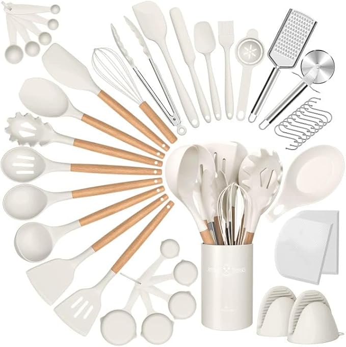 Silicone Cooking Utensils Set, 43Pcs Non-Stick Heat Resistant Kitchen Utensils Spatula Set with Wooden Handle for Baking, Cooking, and Mixing, Best Kitchen Gadgets Tools with Holder (White)