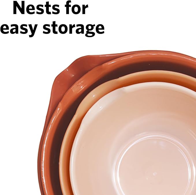 Glad Mixing Bowls with Pour Spout, Set of 4 - Nesting Plastic Bowls (1.2qt, 1.9qt, 2.8qt, and 3qt with Handle) - Non Slip Base, Dishwasher Safe Kitchen Cooking and Baking Supplies, Rust