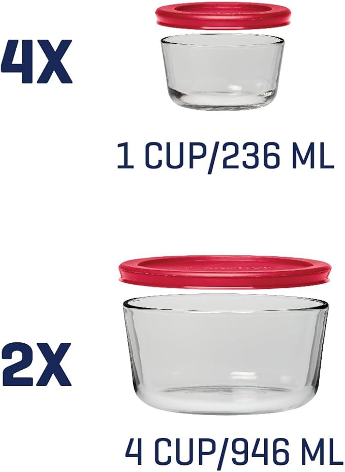 Anchor Hocking 12 Piece Glass Storage Containers with Lids (6 Glass Food Storage Containers & 6 Red SnugFit Lids)