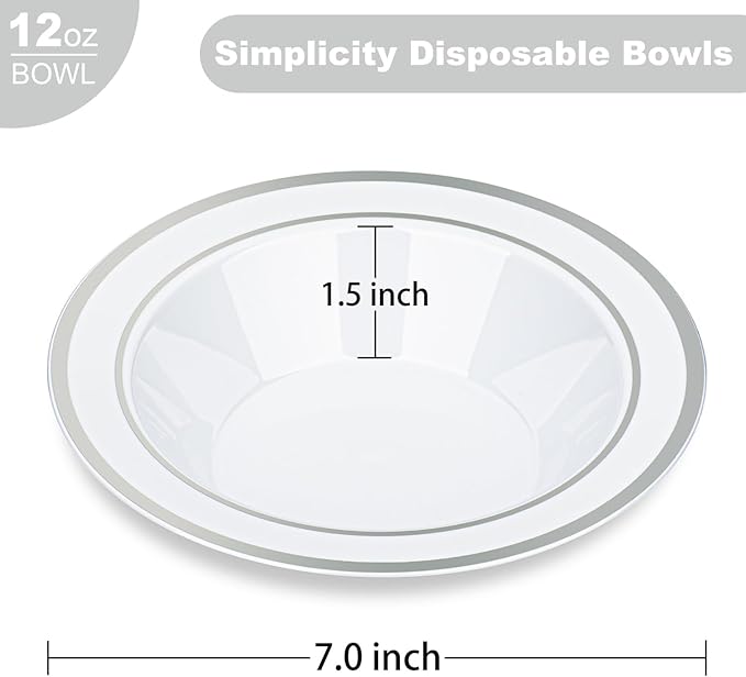 BESTVIP 200 Pack Plastic Bowls with Silver Rim, 12 oz Disposable Soup Bowls, Heavy-duty Dessert Fruit Bowl for Party, Wedding, Christmas, Thanksgiving, Dinner Catering