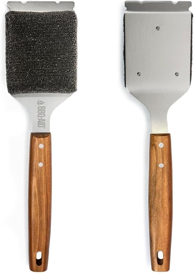 BBQ-AID Bristle Free Grill Brush and Scraper for Barbecue - Extended Large Wooden Handle with Replaceable Head - No Scratch BBQ Cleaning Accessories for Outdoor Grills