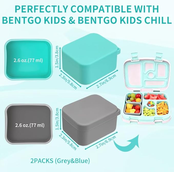 Silicone Inserts Compatible with Bentgo Box Accessories,Salad Containers Compatible with Bentgo Kids Lunch Box Inserts,Leak-Proof and Reusable Condiment Cups with Lids,Grey&Green,2Packs