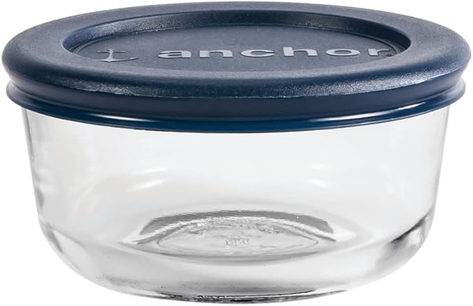 Anchor Hocking 1 Cup Glass Storage Containers with Lids, Set of 6 Glass Food Storage Containers with Navy Blue SnugFit Lids