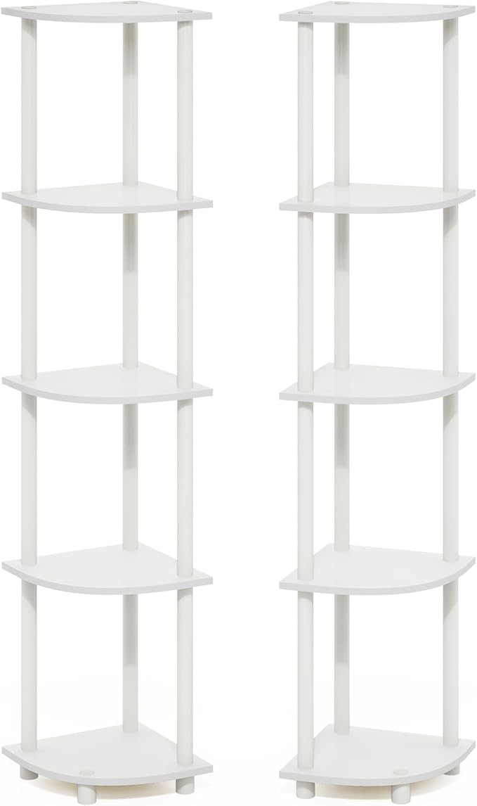 Furinno Turn-N-Tube Corner Shelf Set of 2, 5-Tier Corner Bookshelf, Open Storage Shelves, for Organization and Storage, Living Room, Home Office, Garage, White