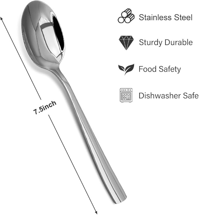 Dinner Spoons Set，12-Piece 7.5 Inches Stainless Steel Dinner Spoons,18/10 Stainless Steel Food Grade small spoons, Dinner Spoons For Home,Kitchen or Restaurant,Mirror Polished & Dishwasher Safe